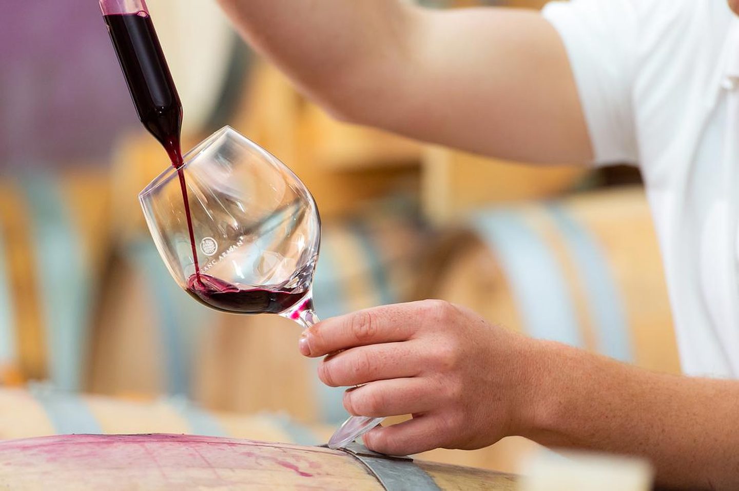 Red wine poured from a glass thief into a Franc Arman branded glass above an oak barrel