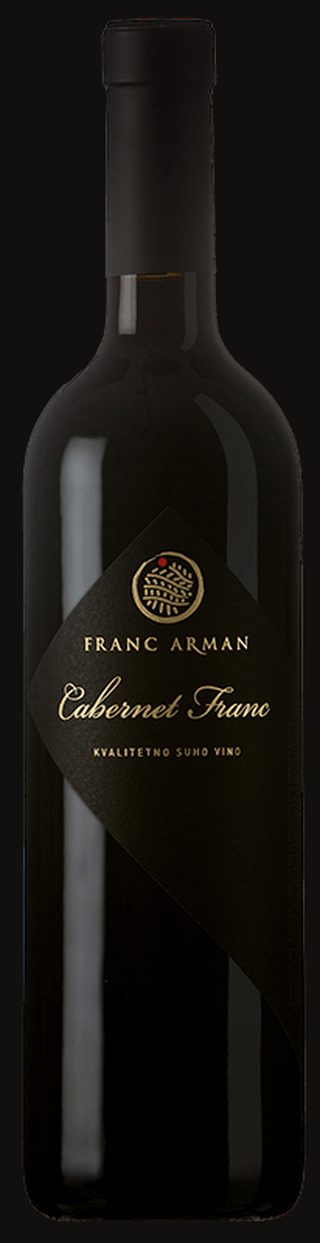 Studio bottle of Franc Arman Cabernet Franc on black, diamond label with gold crest