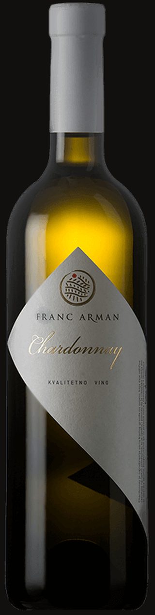 Studio bottle of Franc Arman Chardonnay on black, diamond label with gold crest