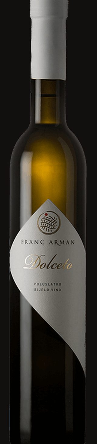 Studio bottle of Franc Arman Dolceto on black, diamond label with gold crest