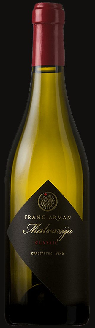 Studio bottle of Franc Arman Malvazija Classic on black, diamond label with gold crest