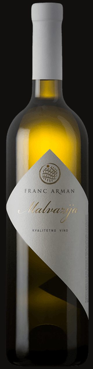Studio bottle of Franc Arman Malvazija on black, diamond label with gold crest