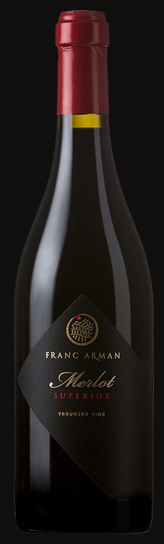 Studio bottle of Franc Arman Merlot on black, diamond label with gold crest