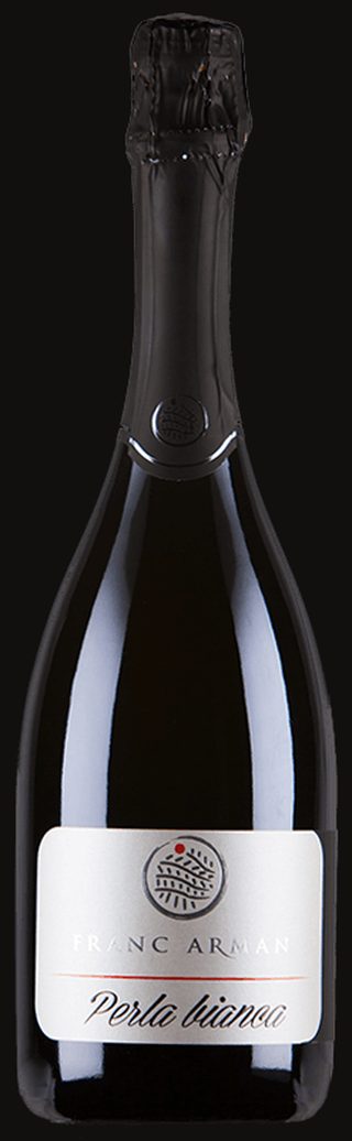 Studio bottle of Franc Arman Perla Bianca on black, diamond label with gold crest