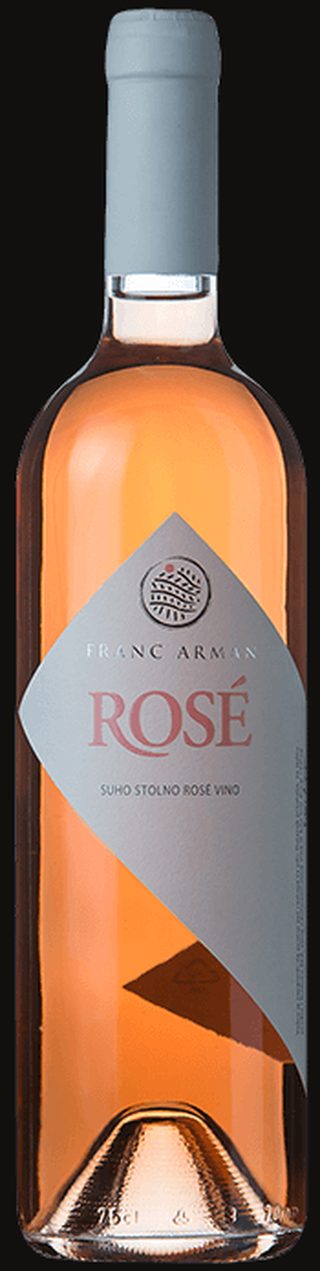 Studio bottle of Franc Arman Rose on black, diamond label with gold crest