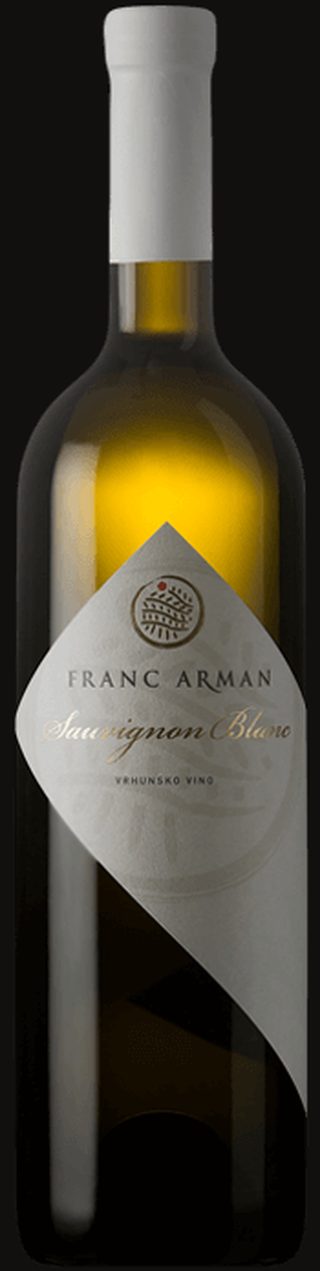 Studio bottle of Franc Arman Sauvignon Blanc on black, diamond label with gold crest
