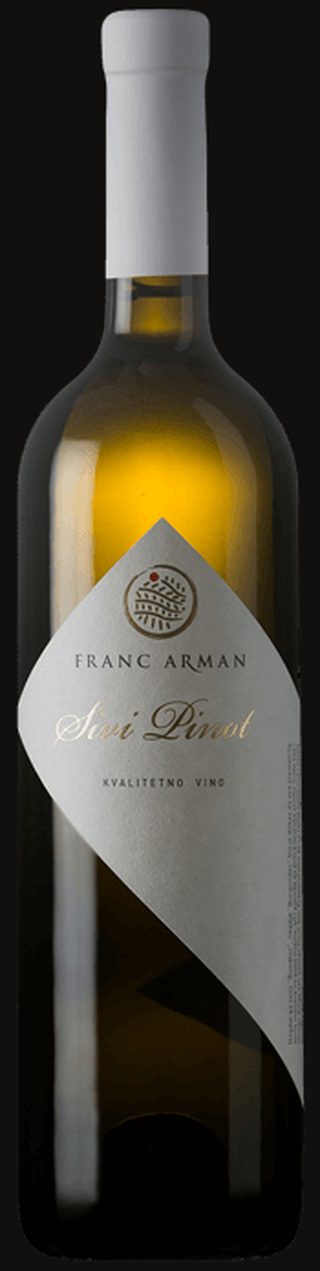 Studio bottle of Franc Arman Sivi Pinot on black, diamond label with gold crest