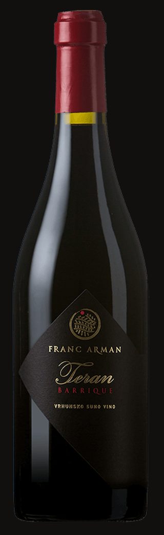 Studio bottle of Franc Arman Teran Barrique on black, diamond label with gold crest