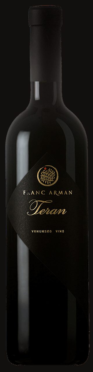 Studio bottle of Franc Arman Teran on black, diamond label with gold crest